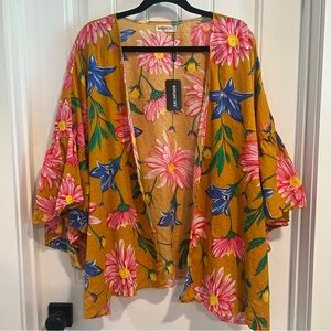 Riiqiichy Floral Gold Cardigan Kimono with Pink and Blue Flowers. OS.‎ NWT.